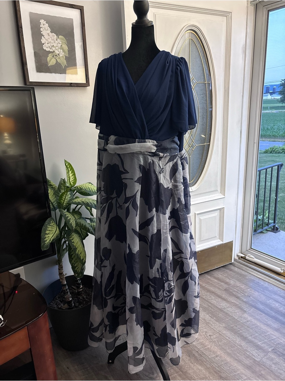 Navy Blue Floral Maxi Dress with Draped V-Neck